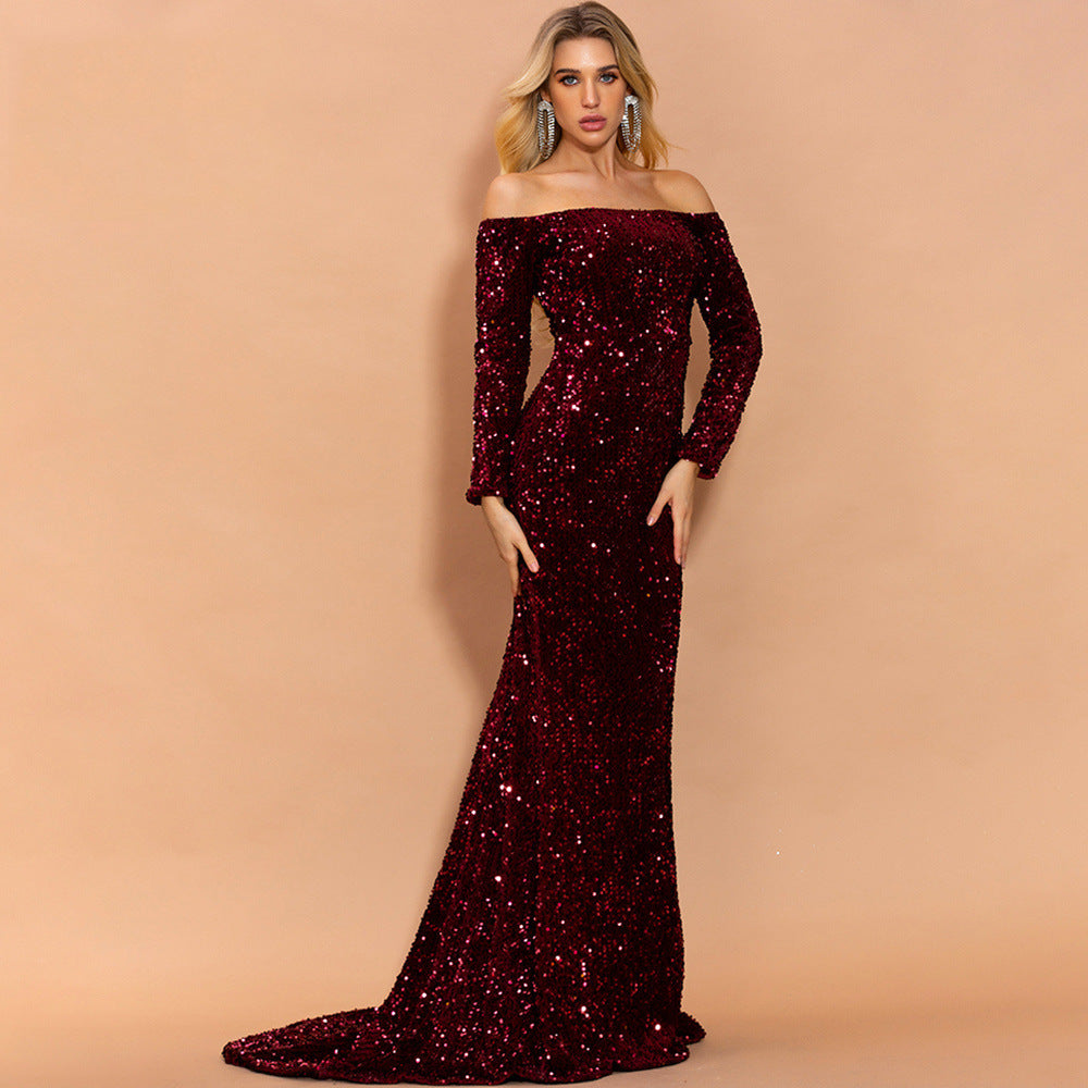 Sexy Strapless Long Sleeve Sequins Party Evening Dress