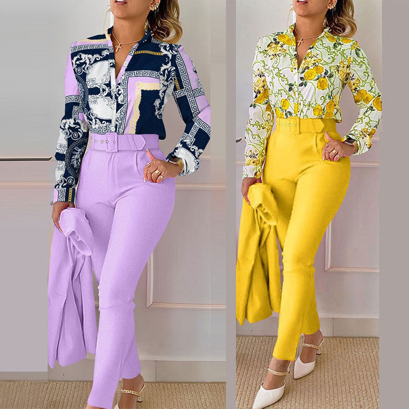 Women's Clothing New Elegant Printed Trousers Long Sleeve Fashion Casual Set