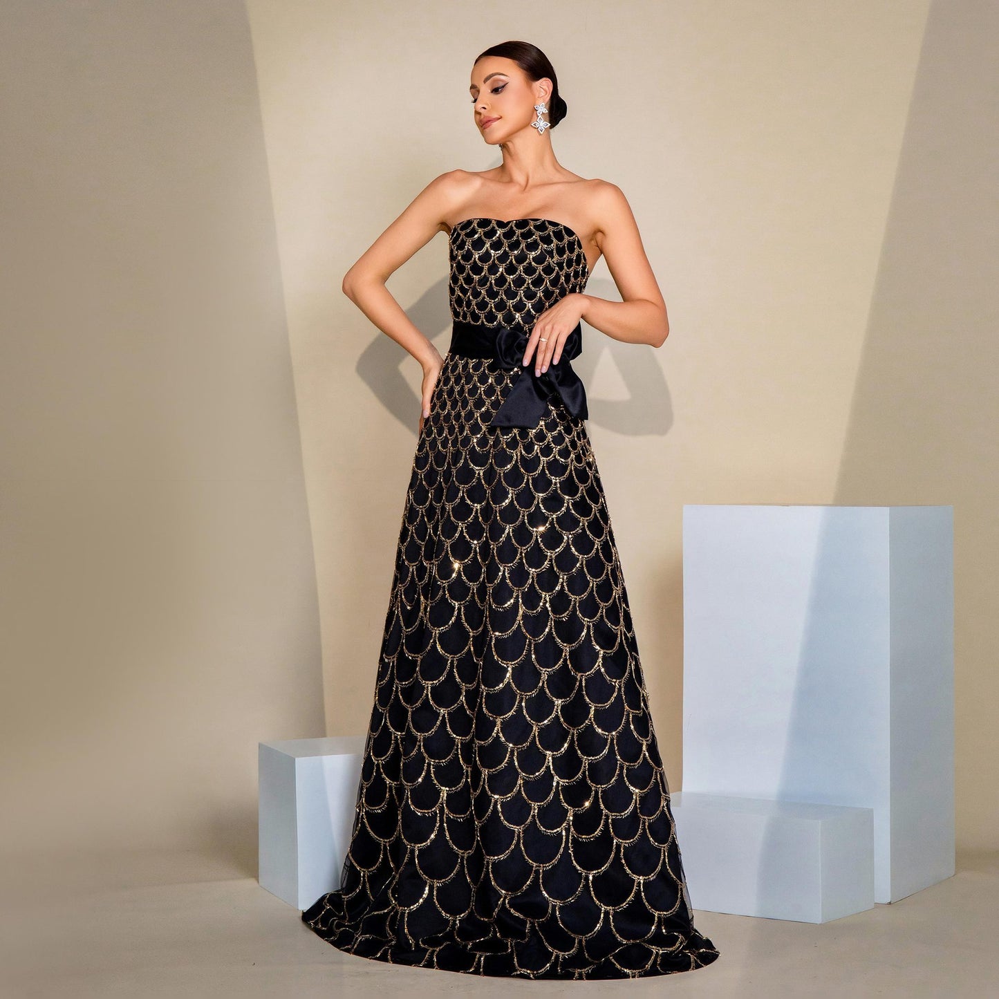 Off-neck Wrapped Chest Nipped-waist Large Swing Sequined Evening Dress