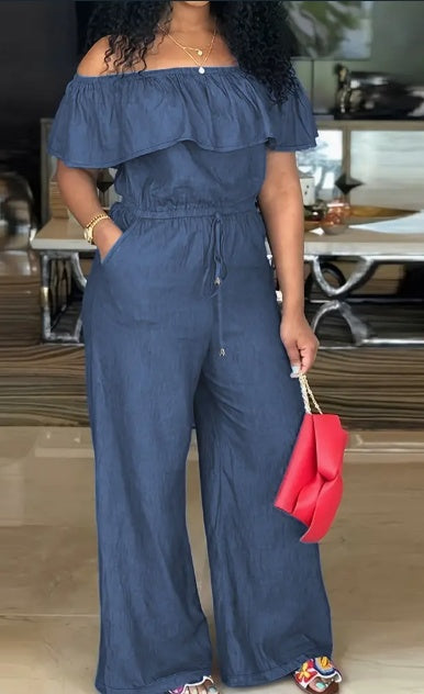 Solid Off Shoulder Tie Waist Jumpsuit Elegant Ruffle Trim Wide Leg Jumpsuit Women's Clothing